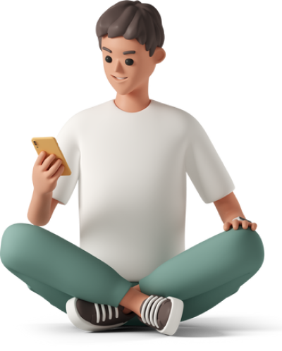 young man sitting cross legged and looking at smartphone