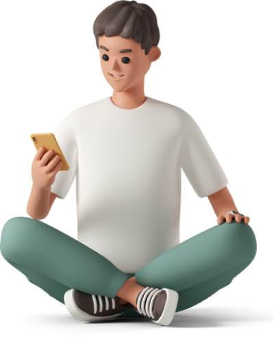 young man sitting cross legged and looking at smartphone